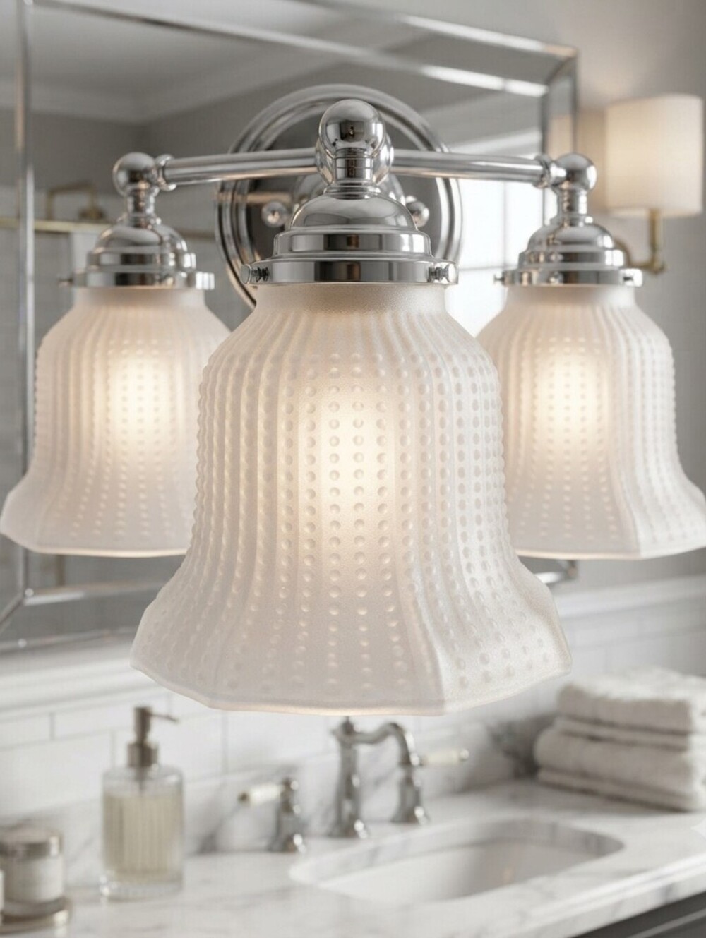 Vintage Set of 3 Frosted Glass Lamp Shades Hobnail Ribbed Bell Scalloped